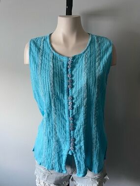 Papa 100% Cotton Crinkle Gauze Front Button Down Tank Top Blue Crochet Insets